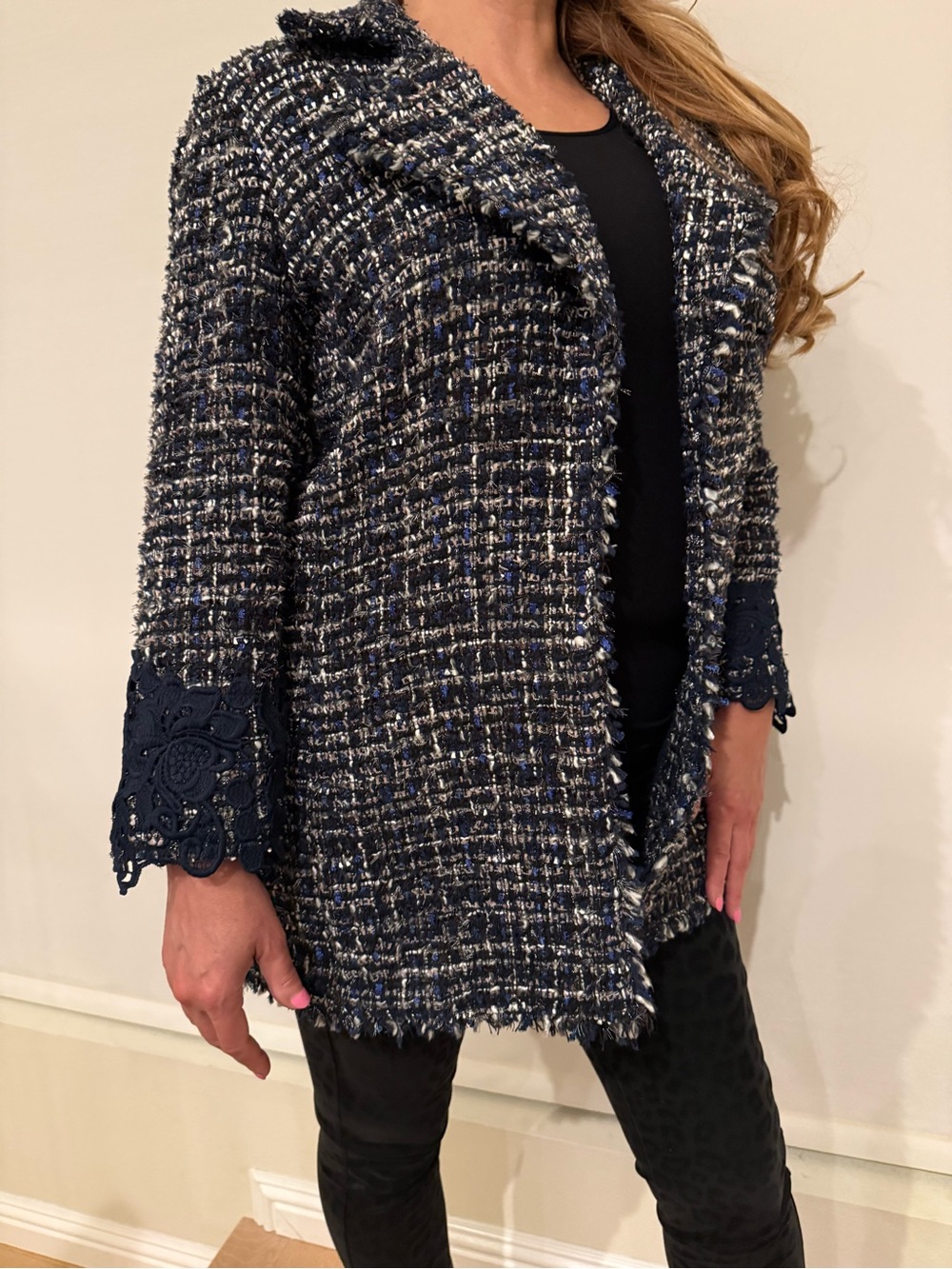 Chico's Navy Bouclé Tweed Blazer with Lace Cuffs